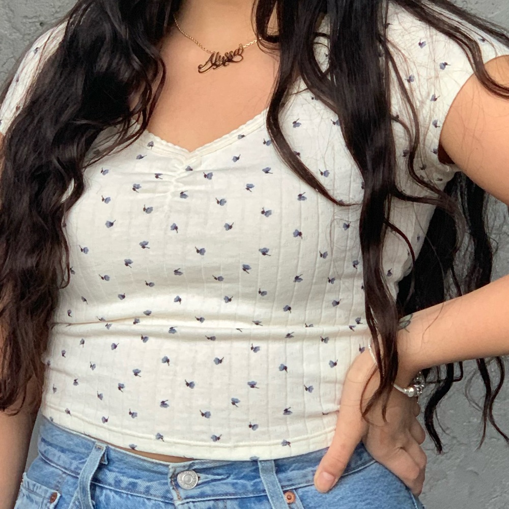 white crop top with blue birds